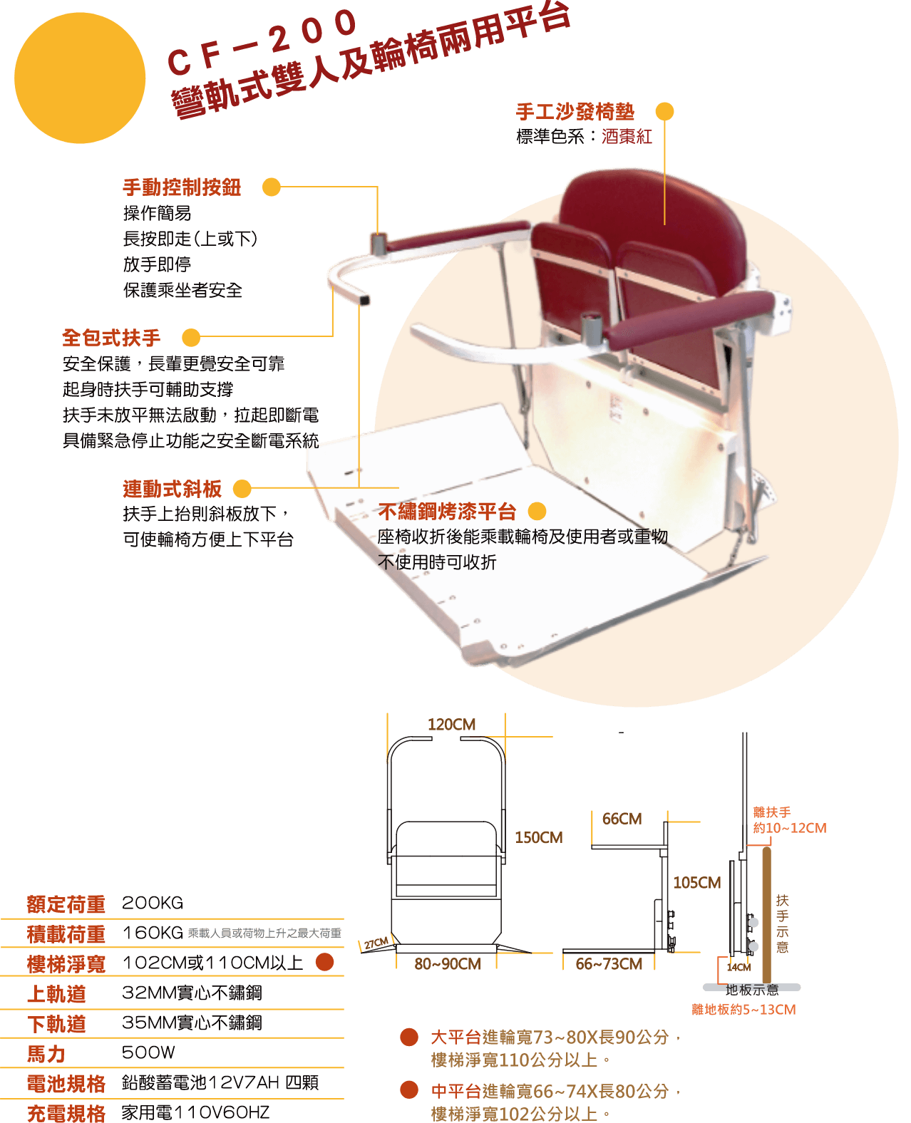 無障礙電梯，彎軌式雙人及輪椅兩用電動升降平台